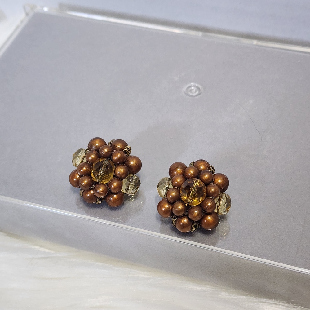 Vintage Clip On Faux Pearl And Crystal Brown Beaded Earrings